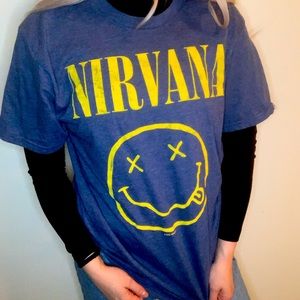 Blue and yellow nirvana smiley face t shirt
